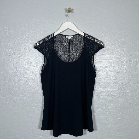 Helmut Lang Women M Black Puckered Lace Blouse Cap Sleeve Scoop Neck Casual - Picture 1 of 9